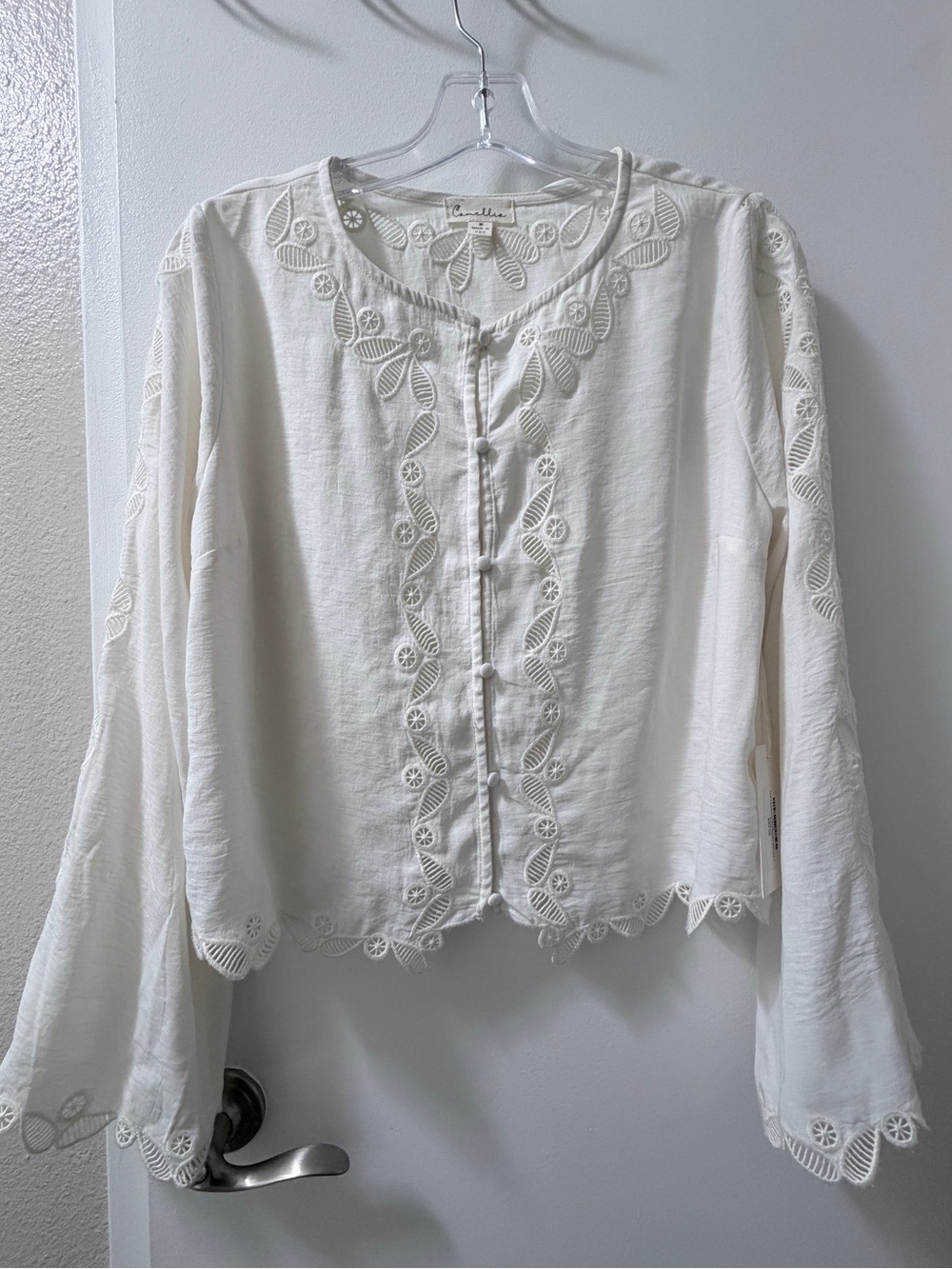 Cream Embroidered Button-Front Peasant Blouse